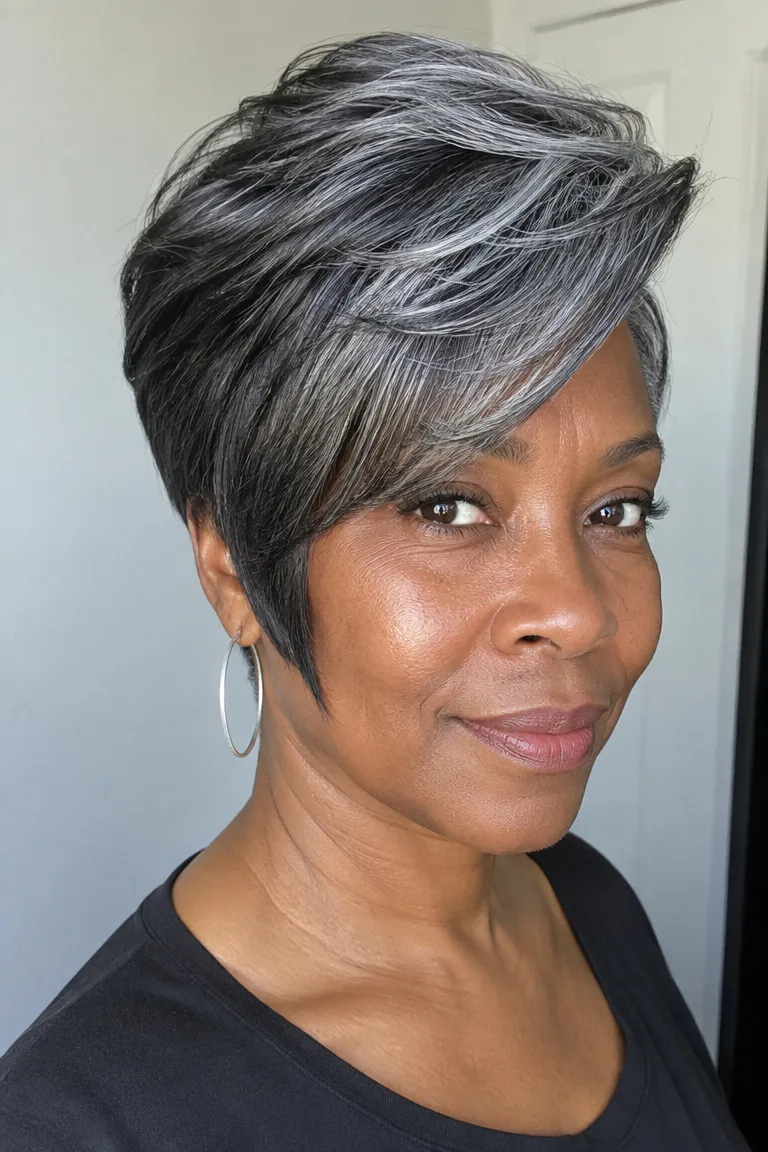 Black woman over 50 with a tapered bob and extra height on top in gray hair