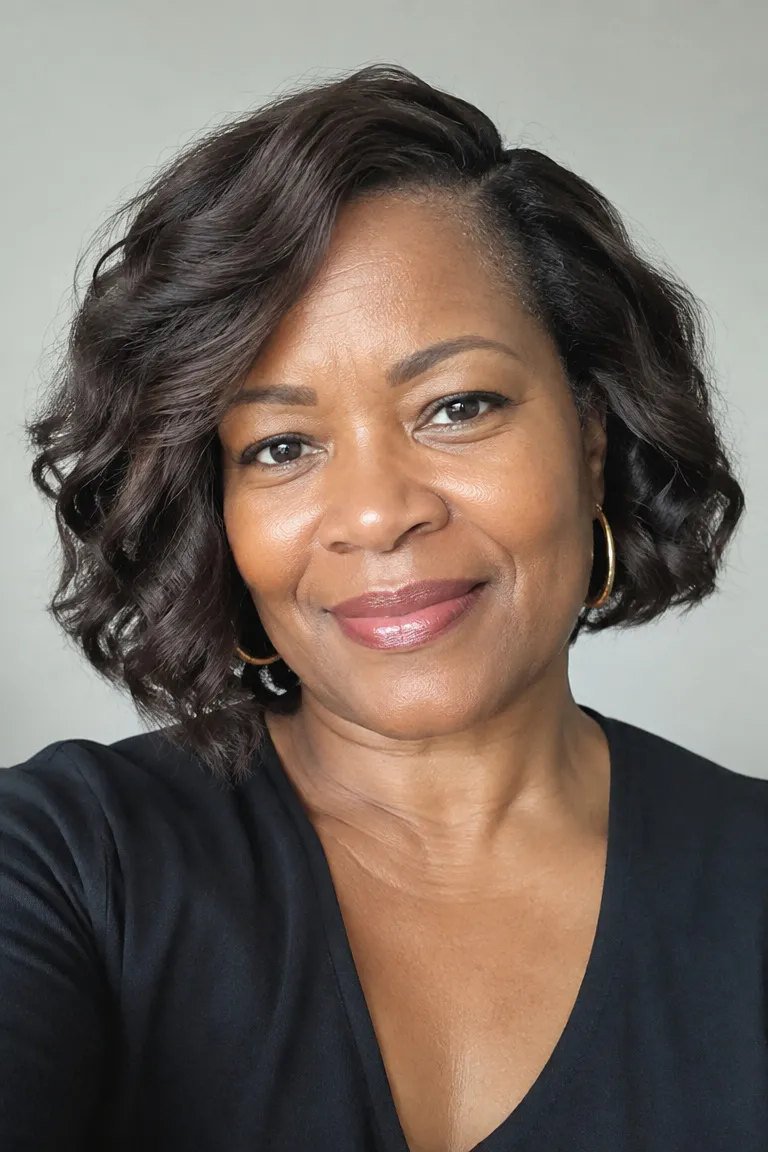 Side-parted wavy crochet bob with layered ends on a Black woman over 60