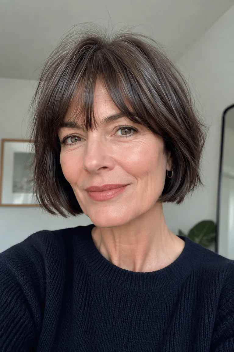 Woman over 50 with a French bob and soft fringe that adds fullness around the face