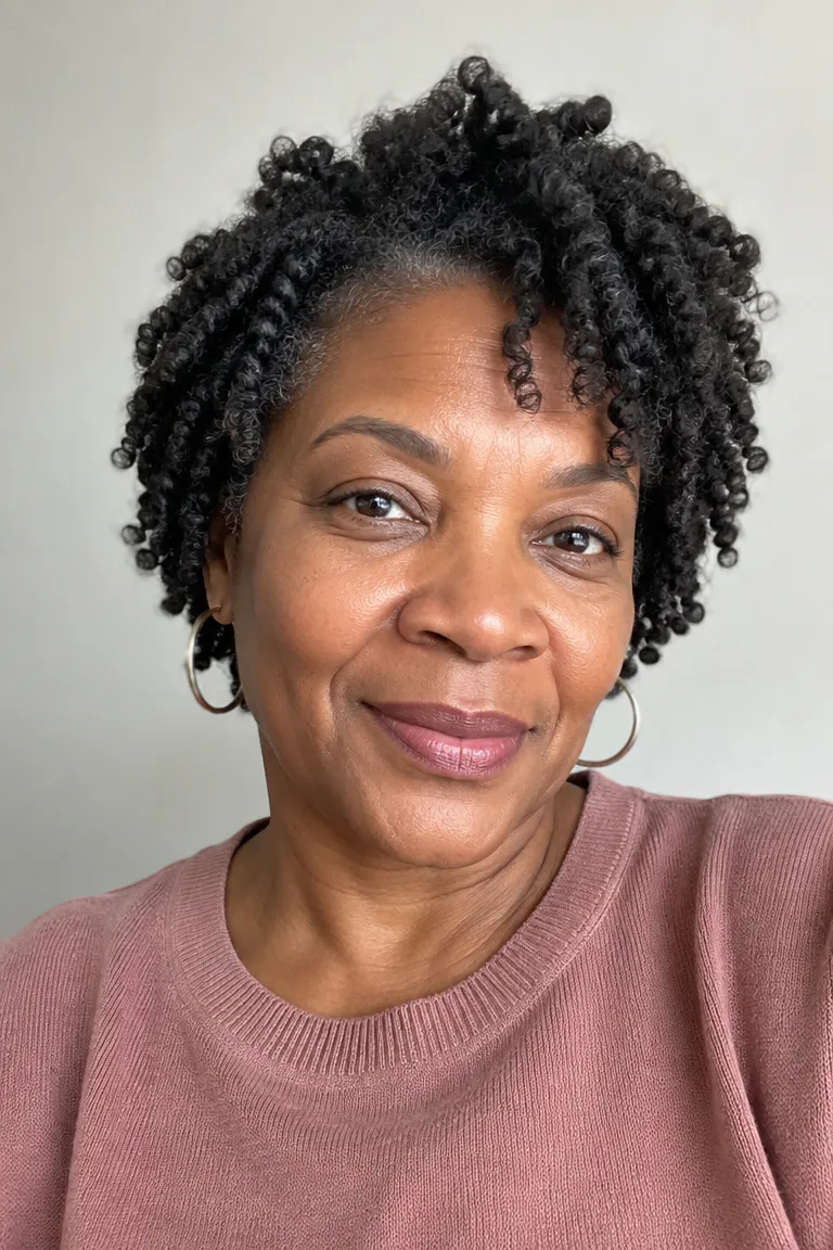 Older Black woman with a short soft twist-out hairstyle