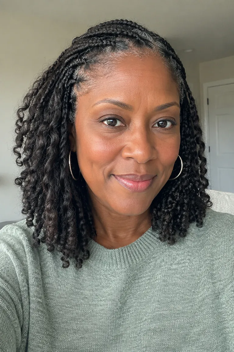 Older Black woman wearing shoulder-length mini twists with braided detail