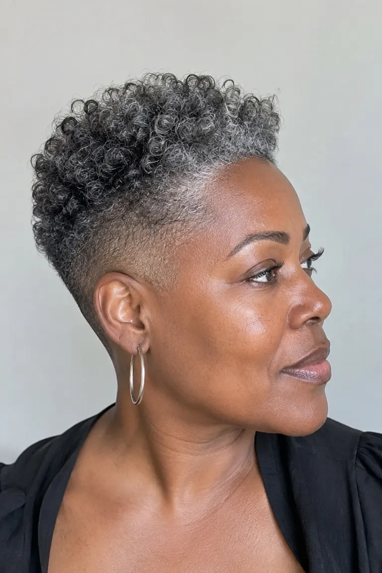 Black woman over 50 with a high tapered fade and gray hair on top
