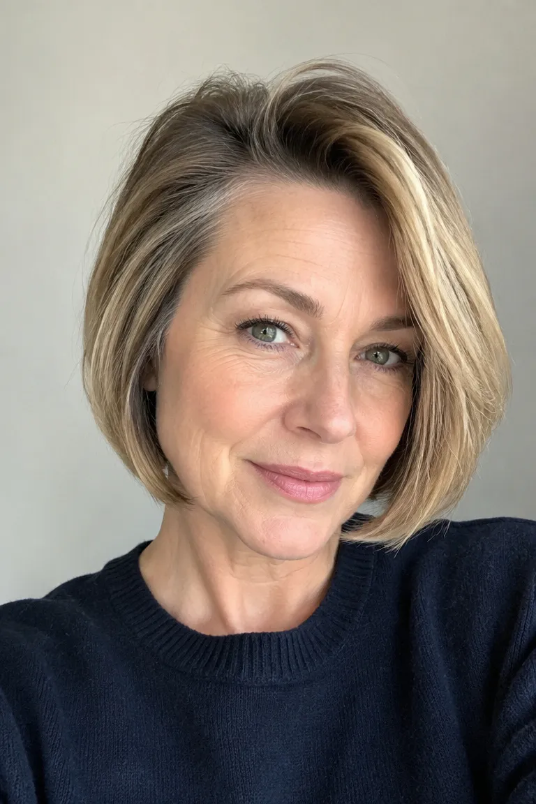Woman over 50 with a side-part bob that adds root lift and fullness