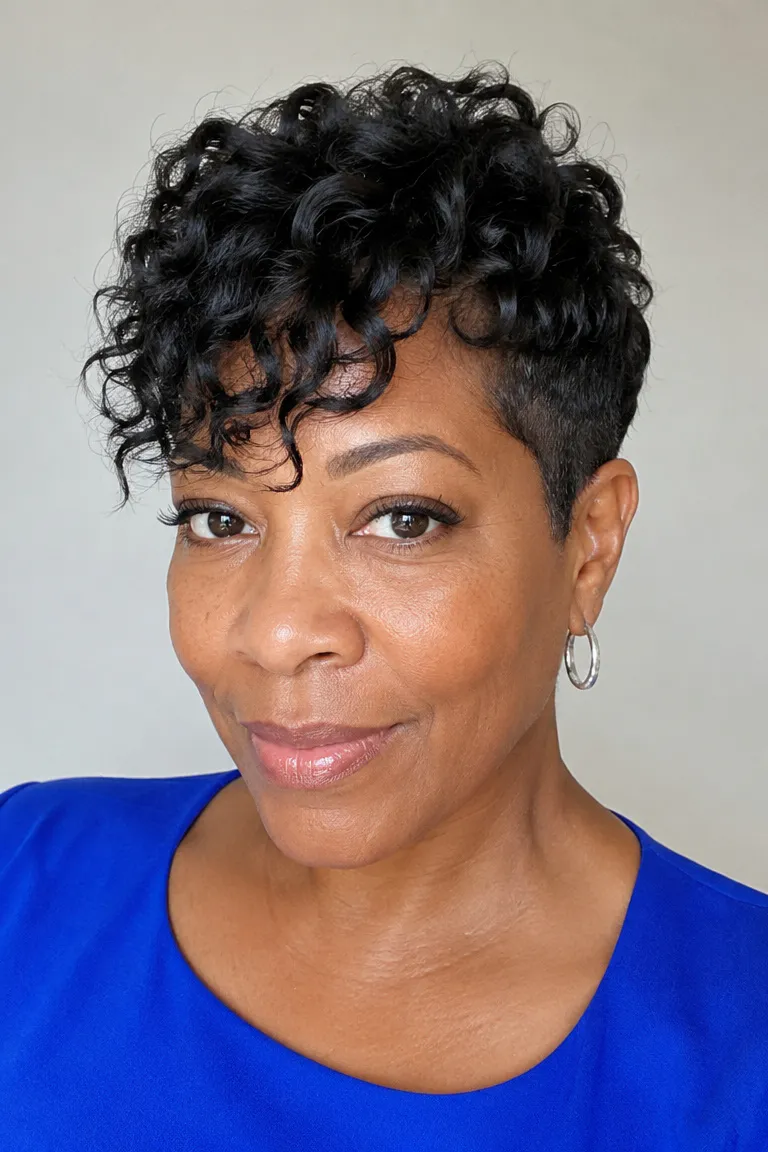 Older Black woman with a short curly pixie cut and soft forward fringe