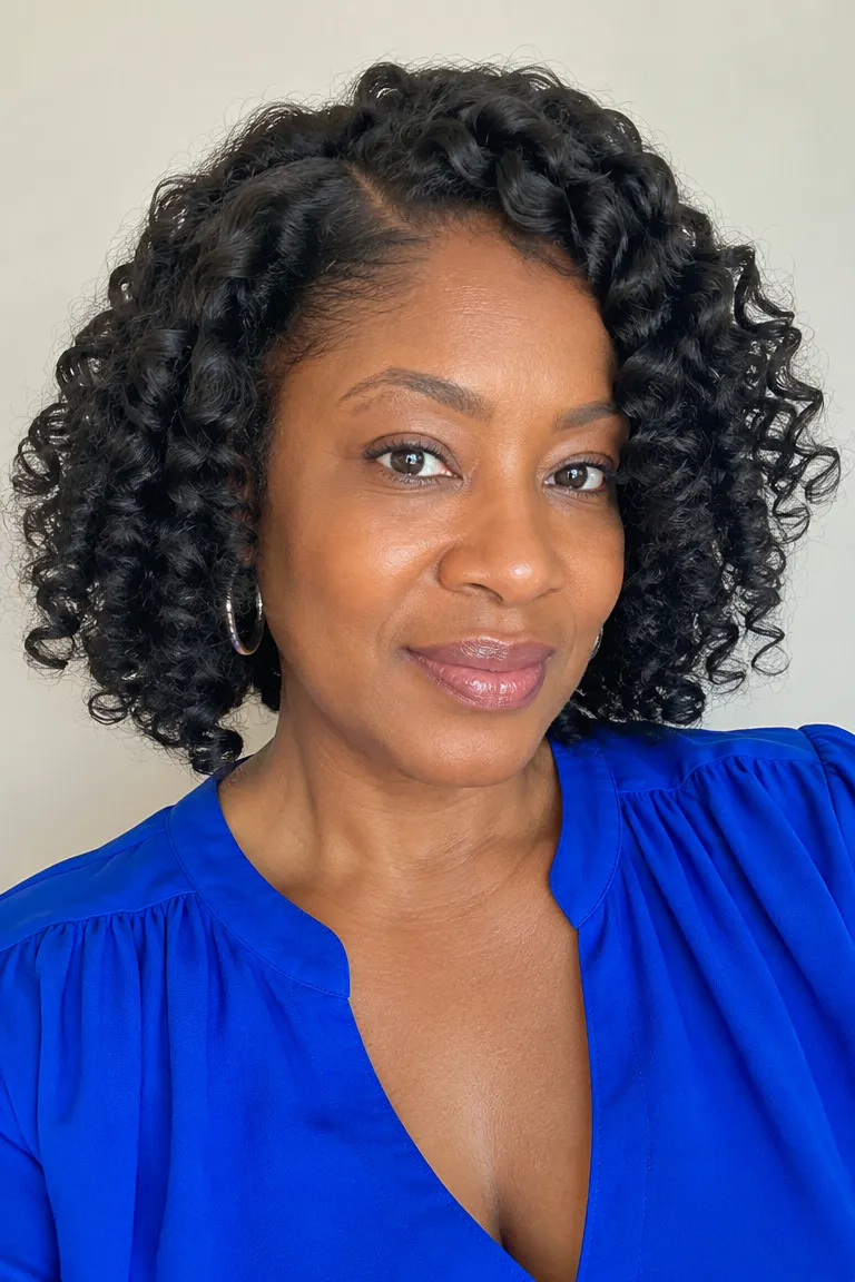Black woman over 50 with a curly crochet bob and side part