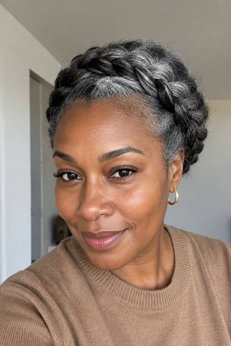 Older Black woman with a side-part halo braid and a soft frame around the face