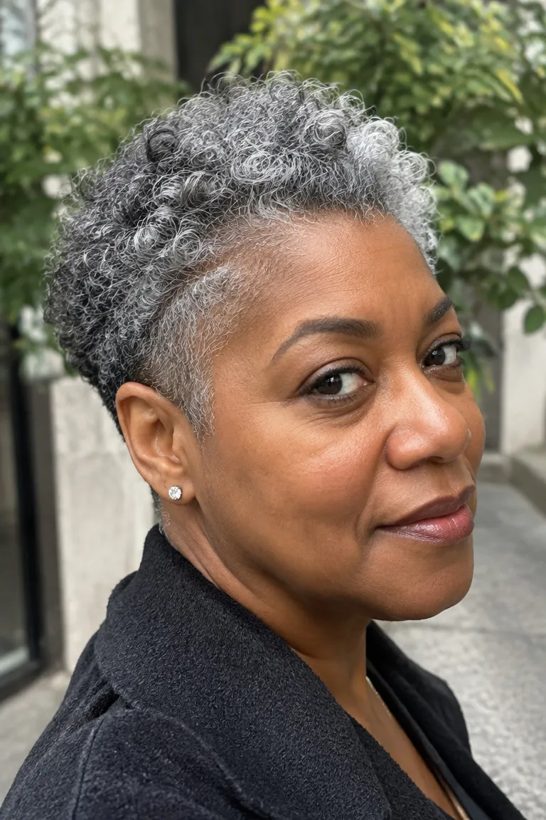 Black woman over 50 with a low tapered nape haircut in gray hair