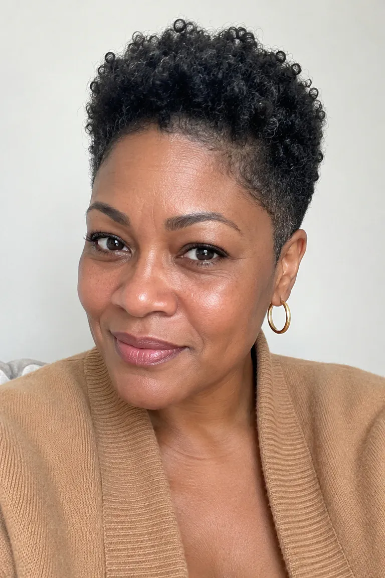 Older Black woman with a tapered teeny weeny afro
