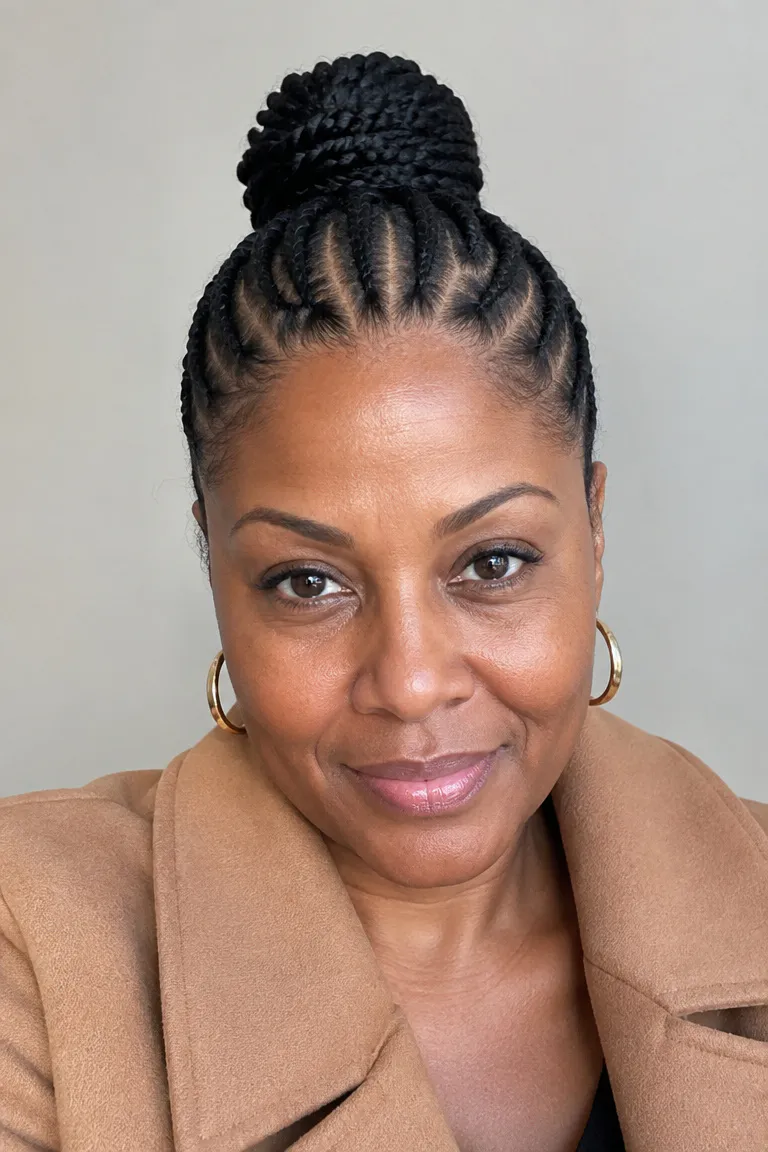 Black woman over 50 wearing a feed-in cornrow updo with neat rows and a bun