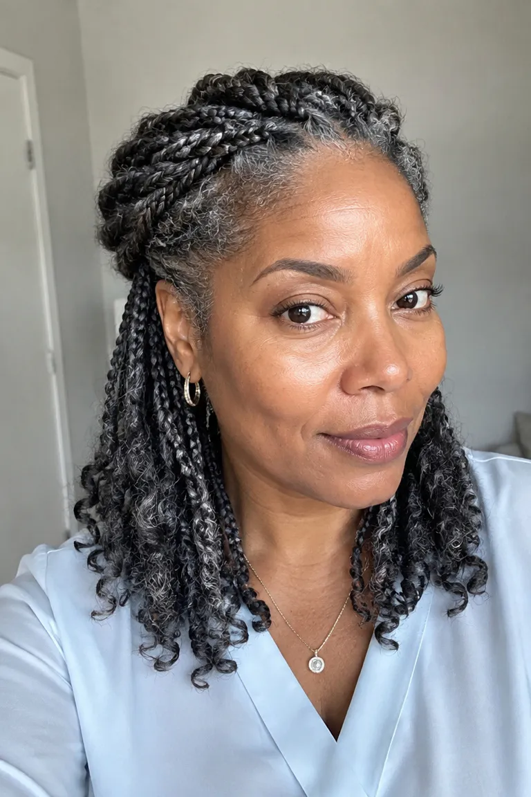 Older Black woman with a half-up braided crown and shoulder-length braids