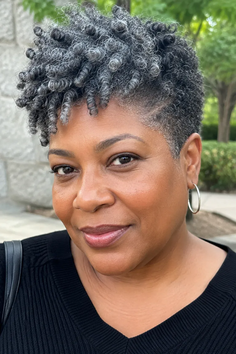 Black woman over 50 with a twist-out tapered style in gray hair