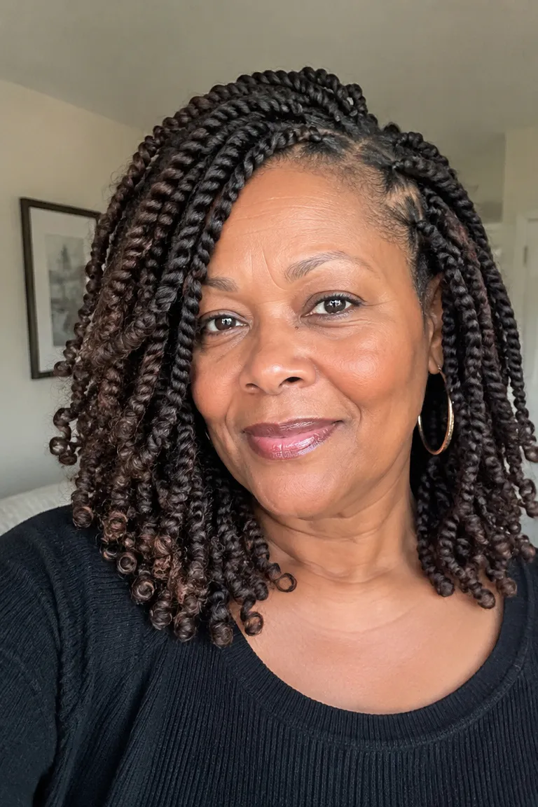Medium crochet passion twists with a side-swept front section