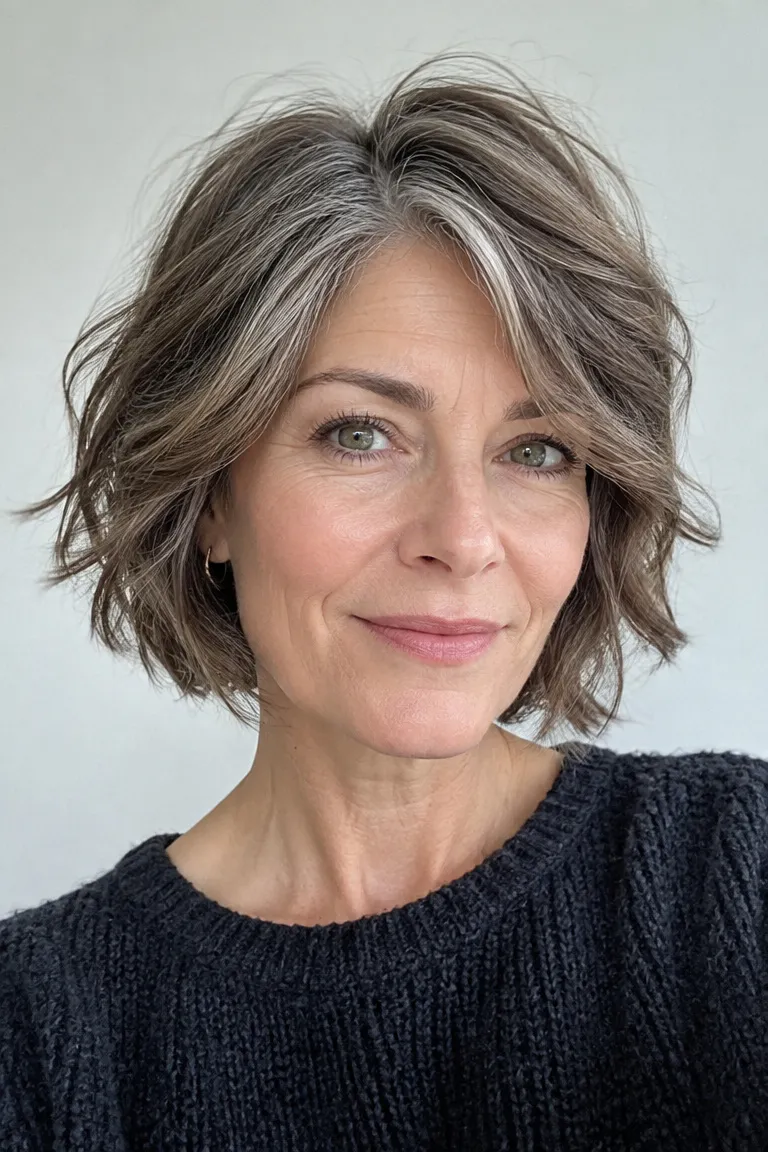 Woman over 50 with a textured bob that adds movement without making hair look sparse