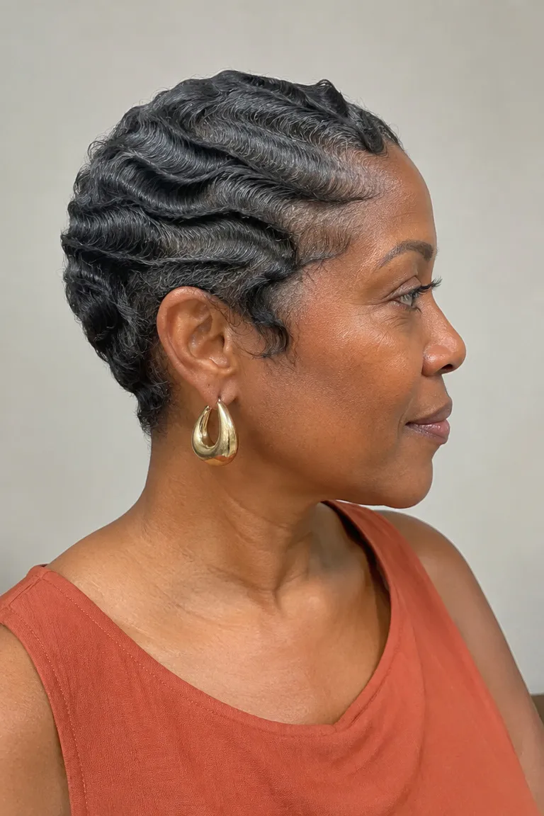 Older Black woman wearing short natural finger waves