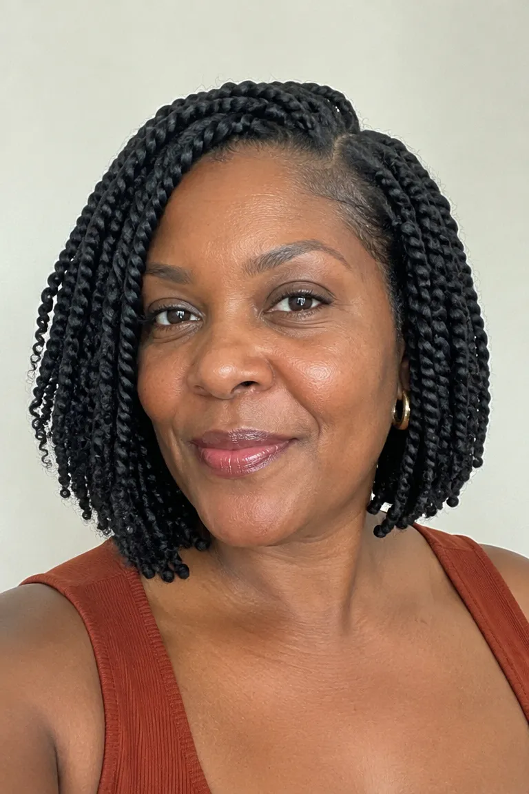 Black woman over 50 with a Senegalese twist bob