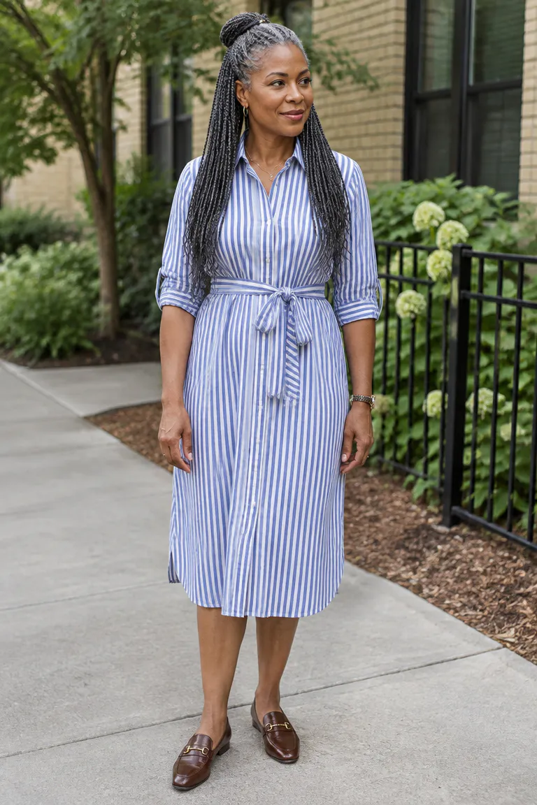 Black woman over 50 with gray half-up braids and loose length left down