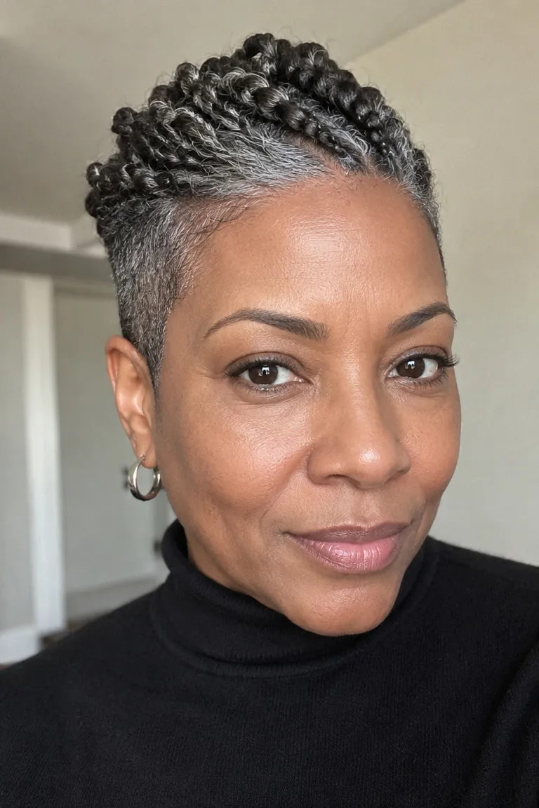 Older Black woman with a tapered cut and tiny lightweight braids