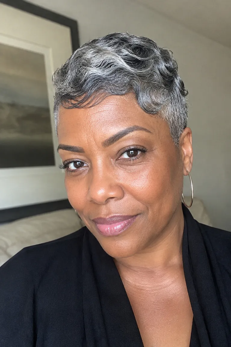 Black woman over 50 with a finger-wave tapered hairstyle in gray hair