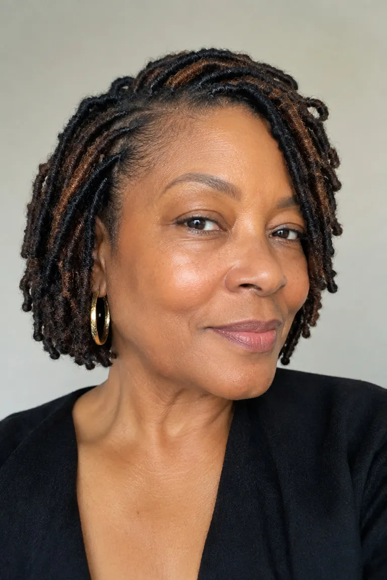 Short lightweight crochet faux locs in blended brown-black tones