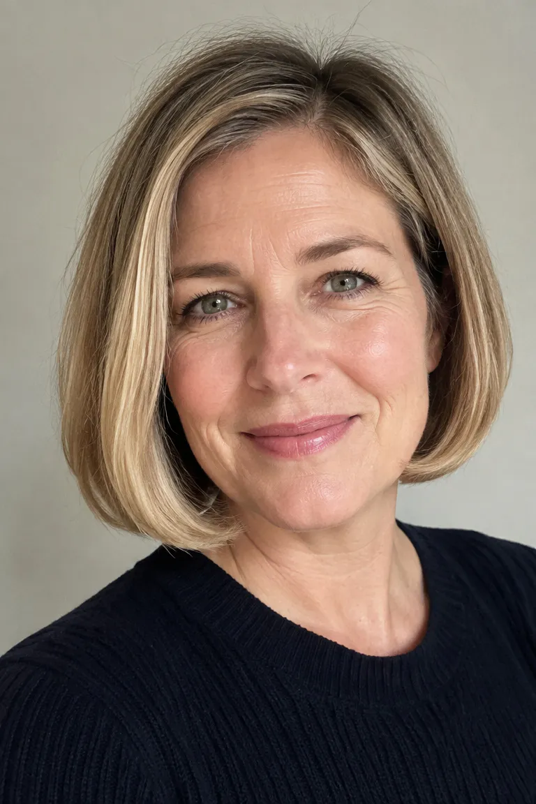 Woman over 50 wearing a curved-under bob with a rounded fuller outline