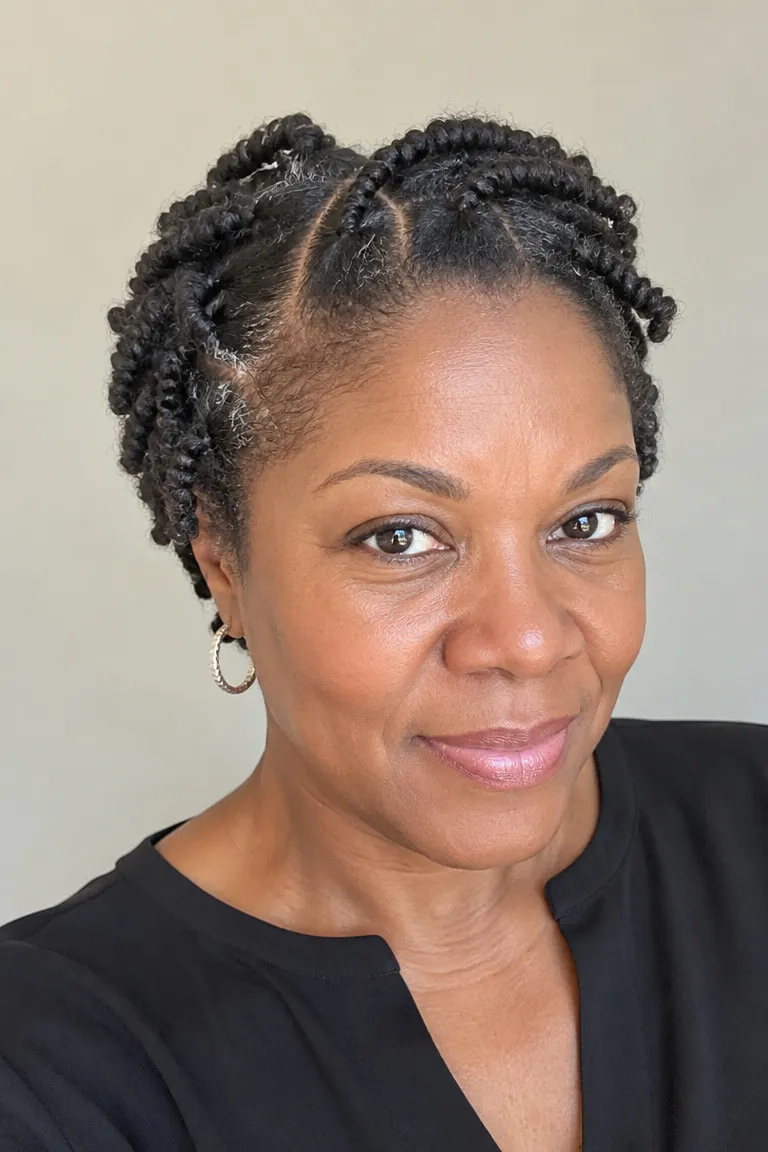 Older Black woman with a short low flat-twist natural hairstyle