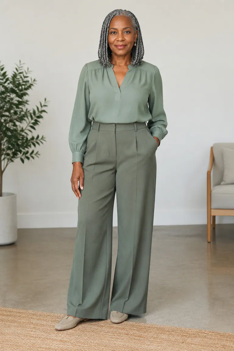 Black woman over 50 wearing gray braids with triangle parts and shoulder-length length