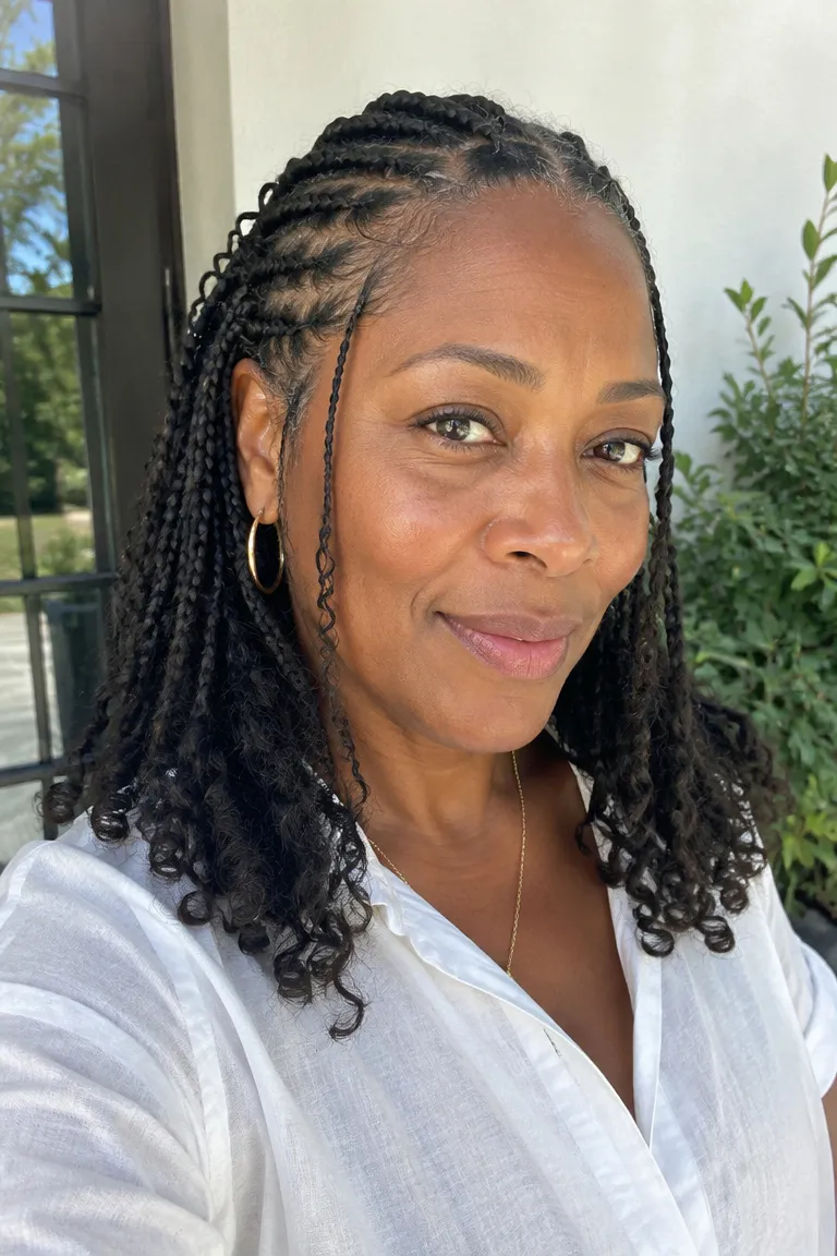 Older Black woman wearing loose Fulani braids with a lighter finish