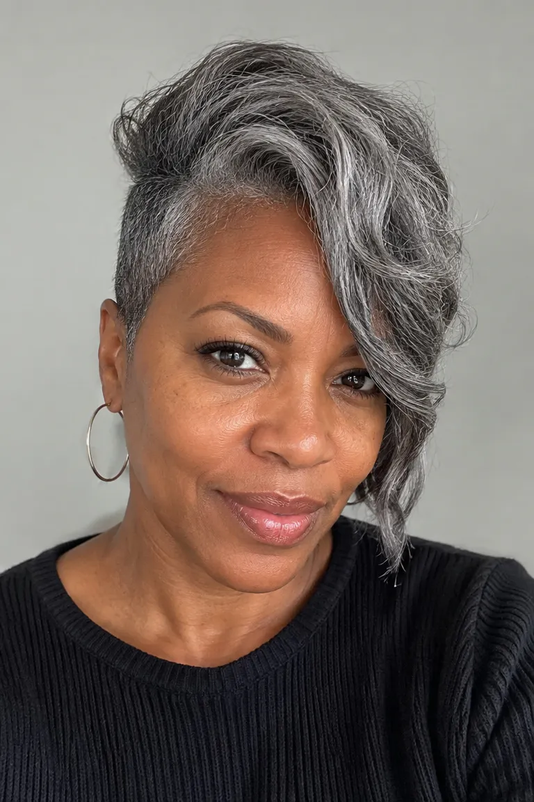 Black woman over 50 with an asymmetrical tapered cut in gray hair