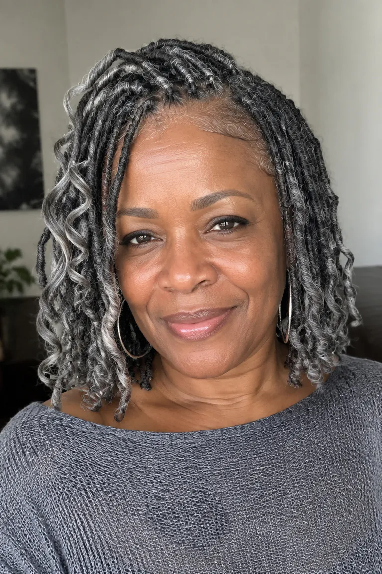 Lightweight gray crochet goddess locs with subtle curly accents