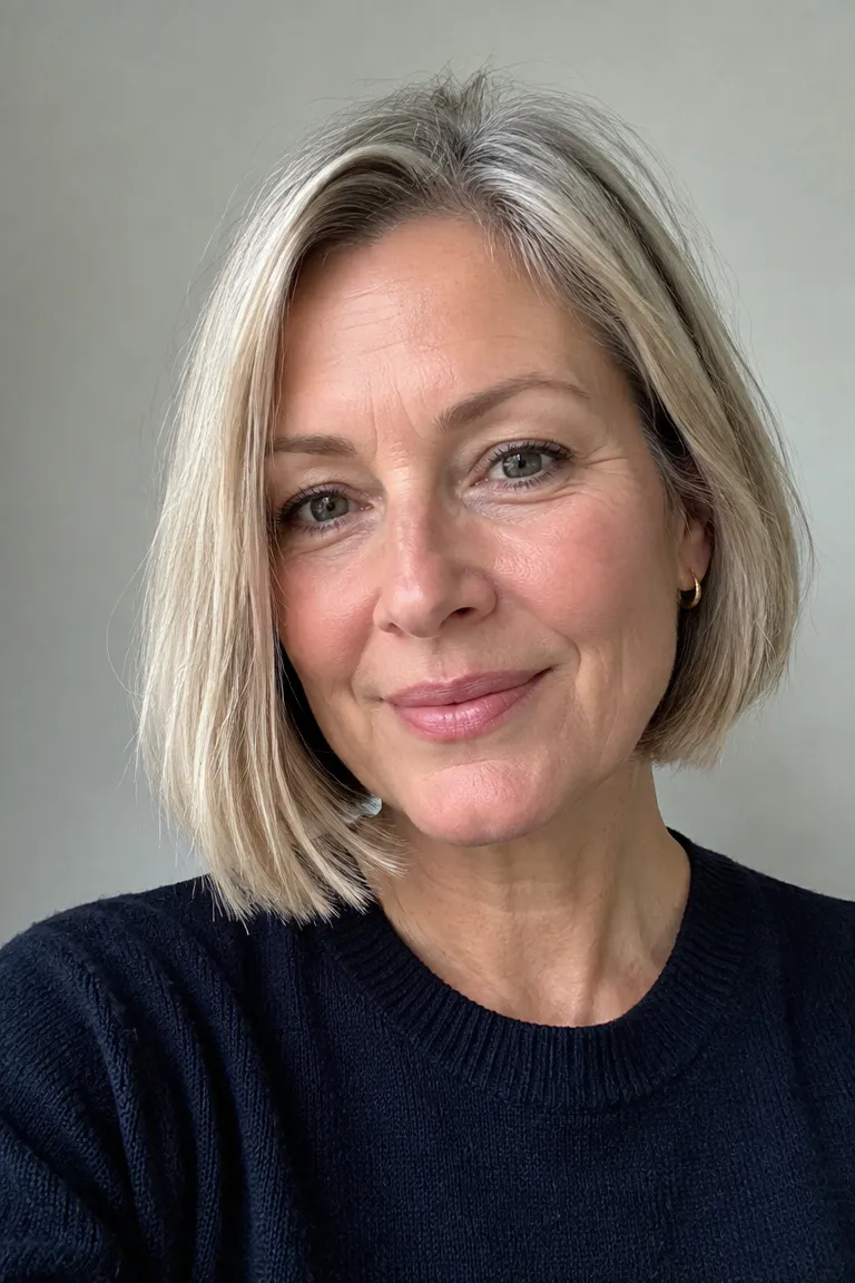 Woman over 50 with a jawline bob that frames the face and looks fuller at the perimeter