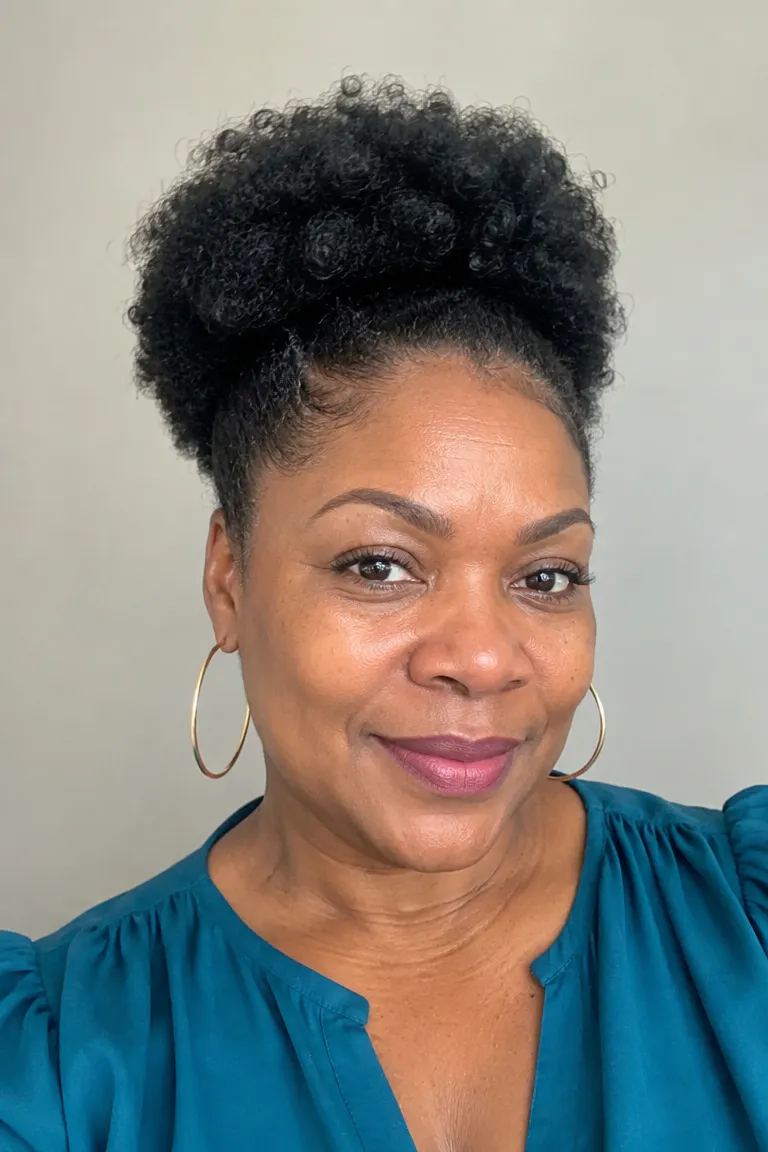 Older Black woman with a short rounded afro puff cut