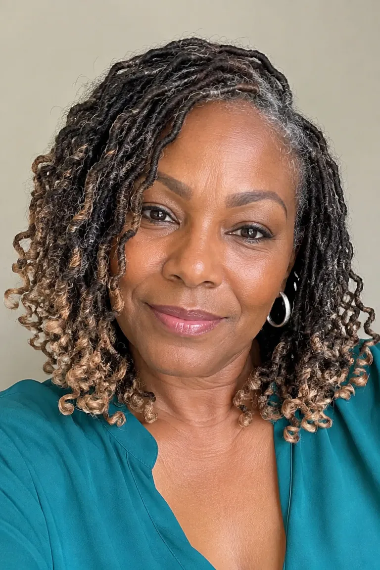 Black woman over 50 with a soft faux loc bob and blended gray strands