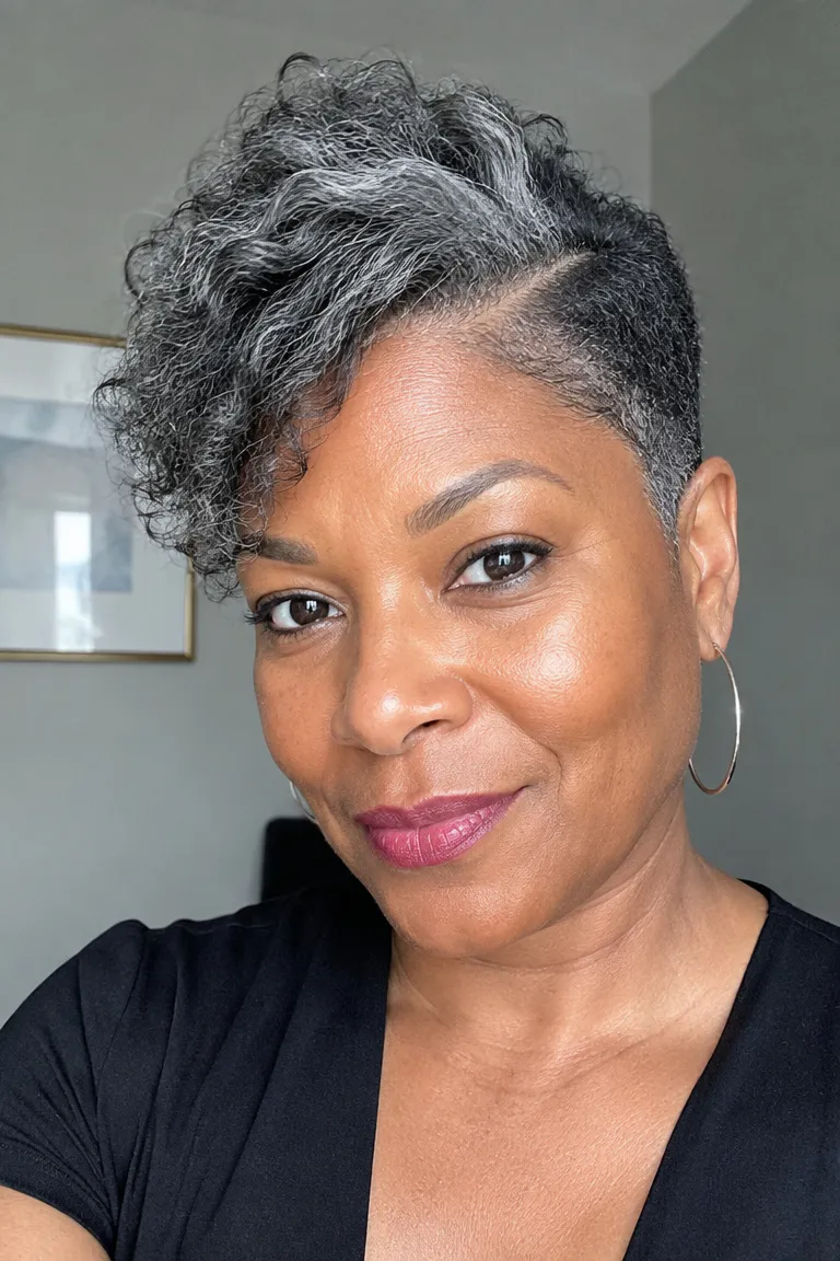 Black woman over 50 with a tapered haircut and deep side part in gray hair