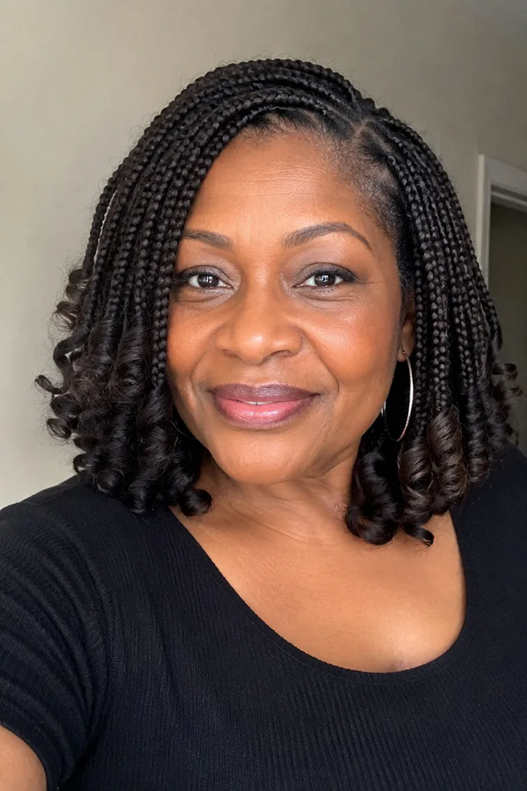 Medium crochet braids with softly curled ends and a rounded shape