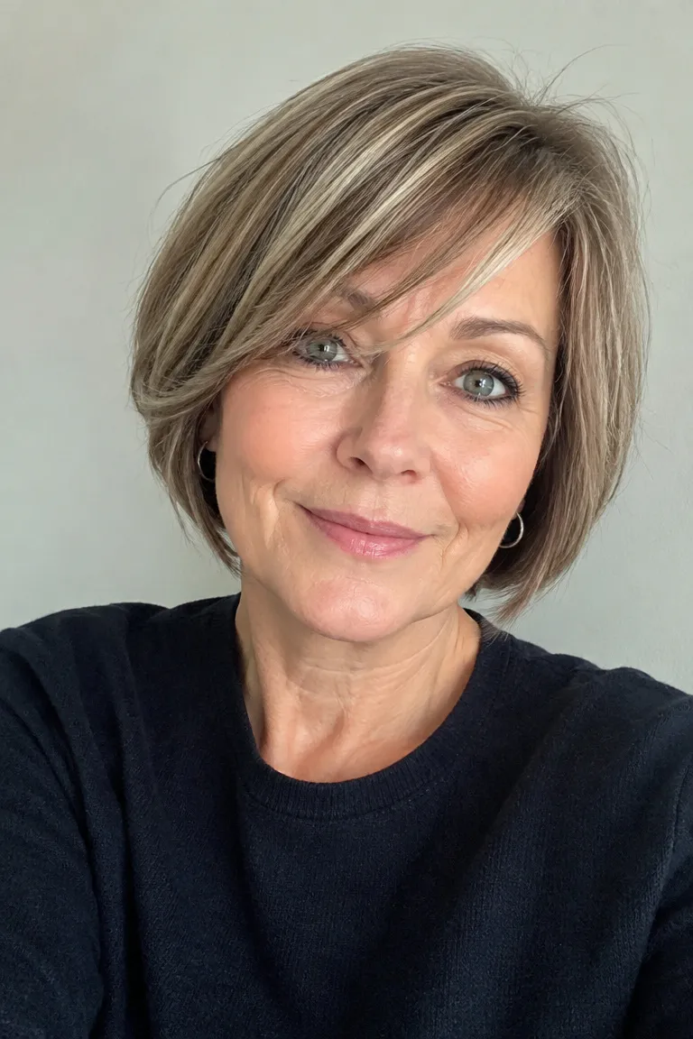 Woman over 50 with a bob and side fringe that adds softness and visual fullness