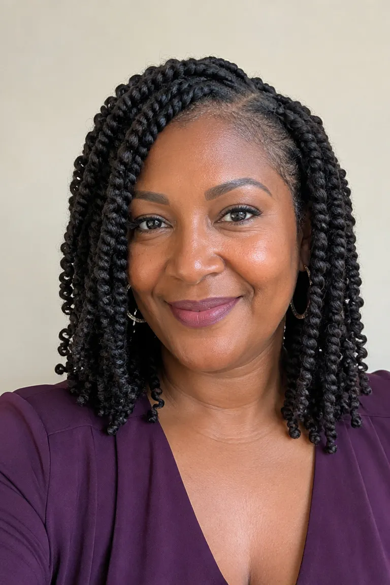 Black woman over 50 with chunky two-strand twists on natural hair