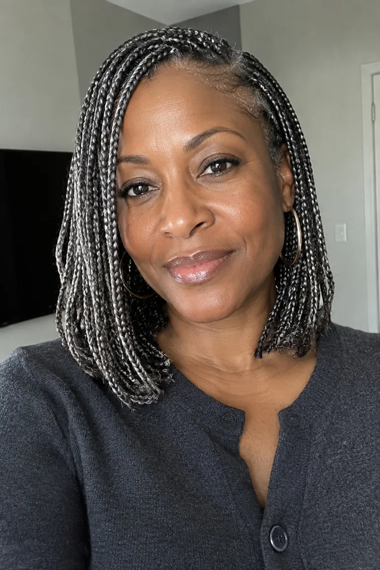 Older Black woman with a micro braid lob and a clean lightweight shape