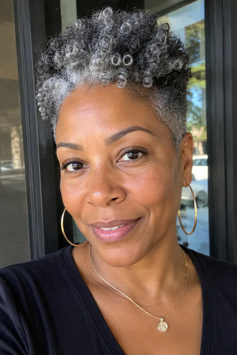 Black woman over 50 with silver tapered coils in natural gray hair