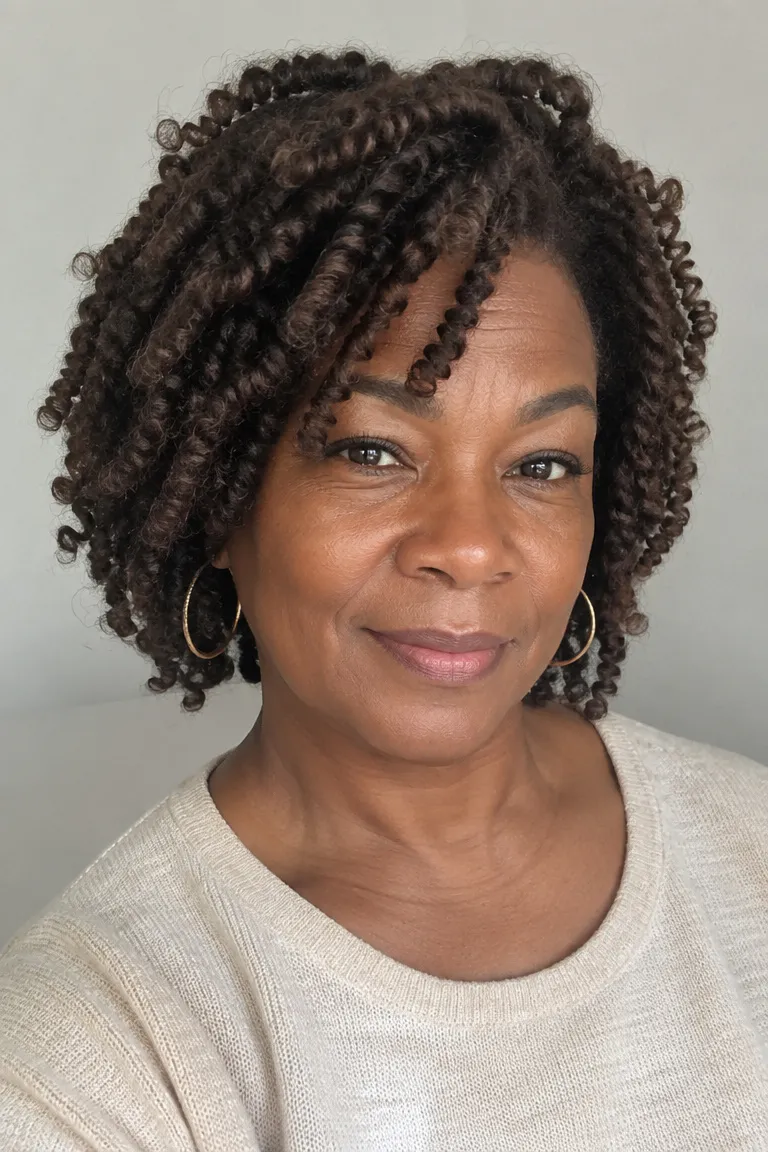 Layered Afro-textured crochet style with controlled coily volume