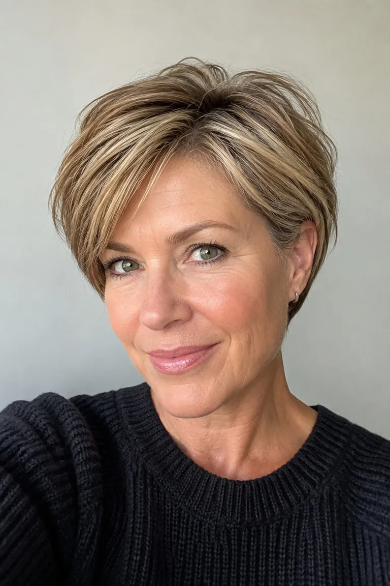 Woman over 50 with a bixie-bob hybrid that gives fine hair lift and shape