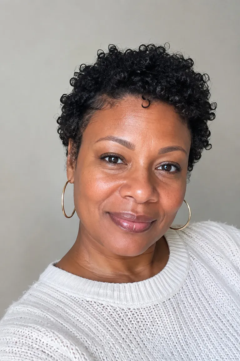 Older Black woman with a short defined wash-and-go natural hairstyle