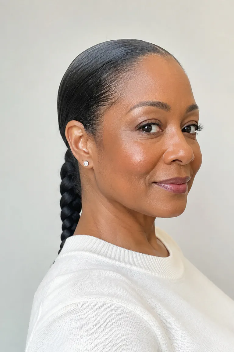 Black woman over 50 wearing a sleek low braided ponytail