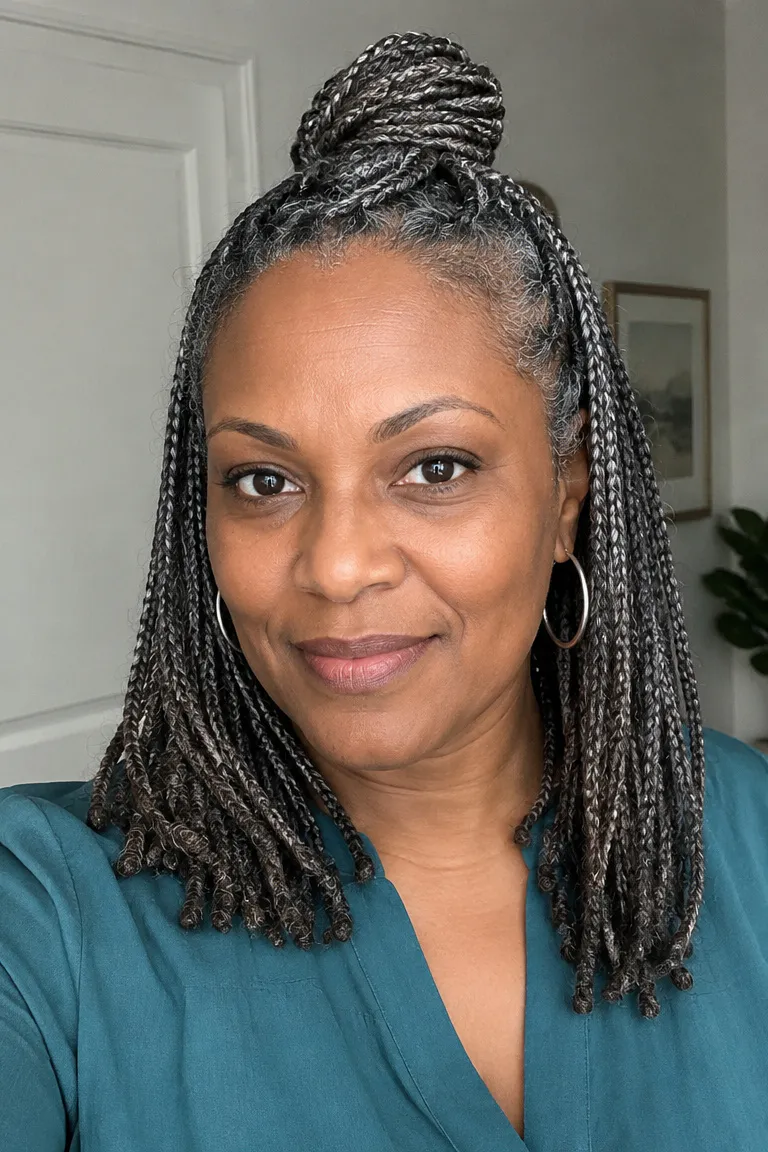 Older Black woman with a small braided top knot and light lengths