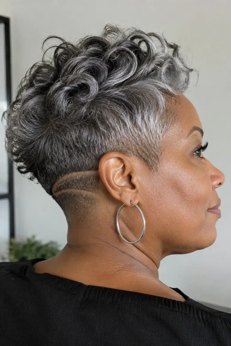 Black woman over 50 with a tapered haircut and undercut design in gray hair