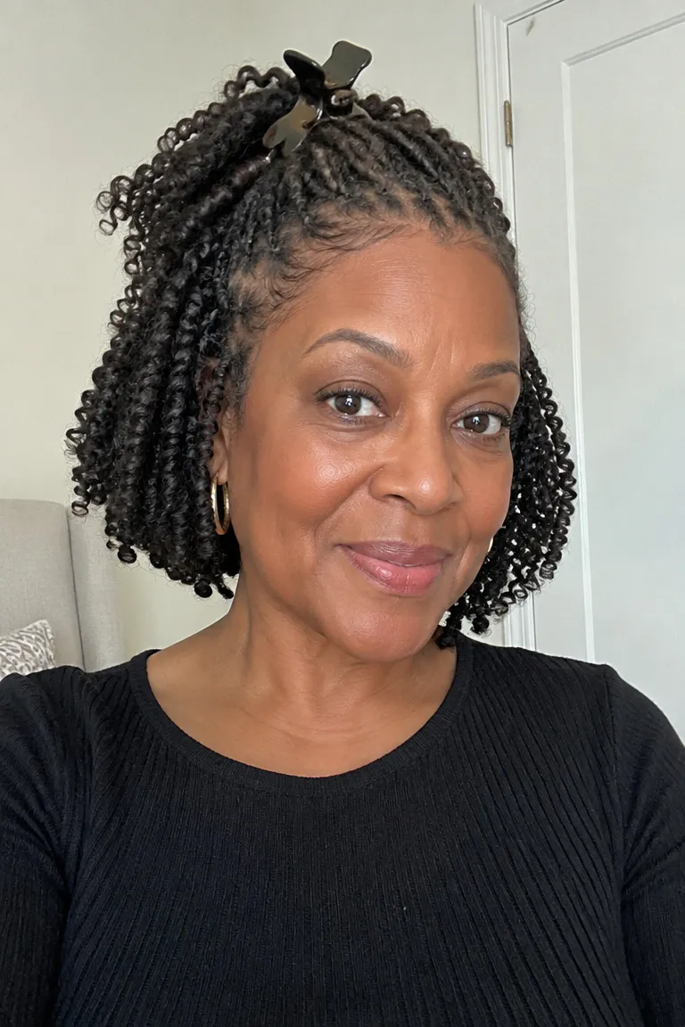 Chin-length crochet bob styled in a loose half-up shape