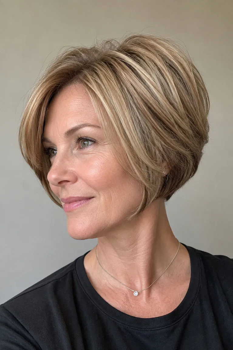 Woman over 50 with a mini stacked bob that keeps structure while staying light