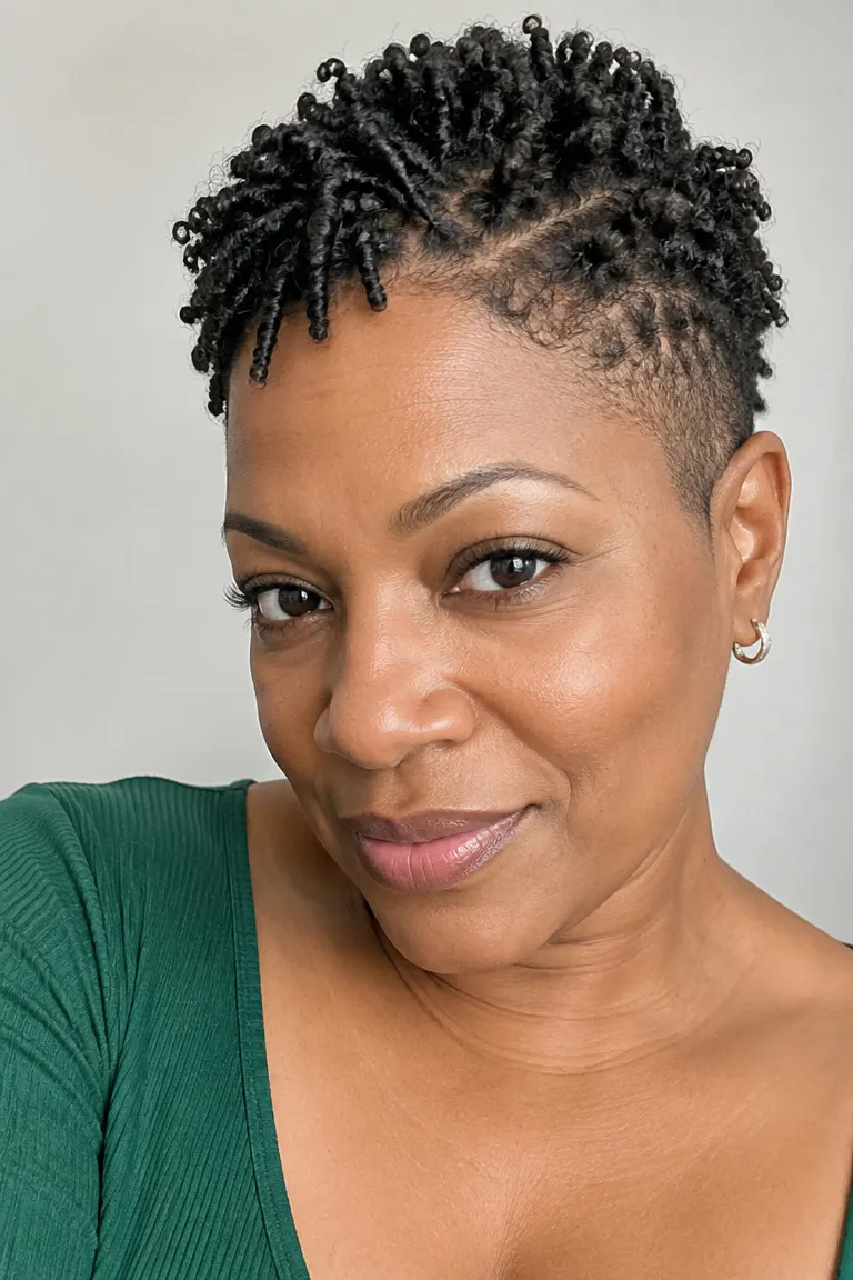 Black woman over 50 with a tapered cut and mini twists