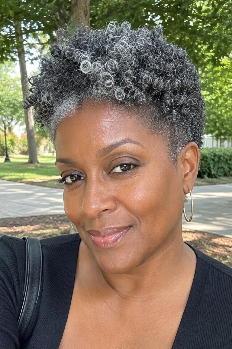 Black woman over 50 with a wash-and-go tapered curly haircut in gray hair