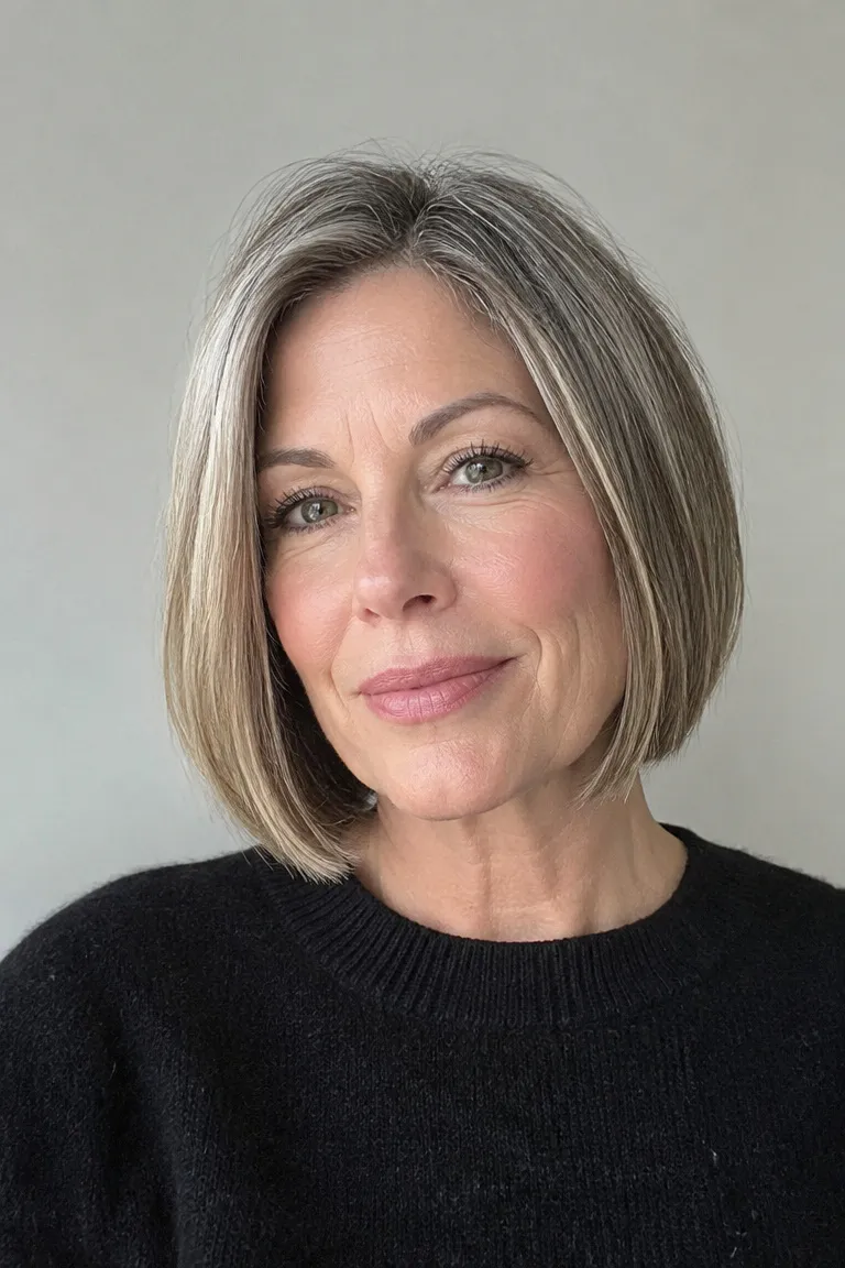 Woman over 50 with a sleek blunt bob that looks full and polished with minimal styling