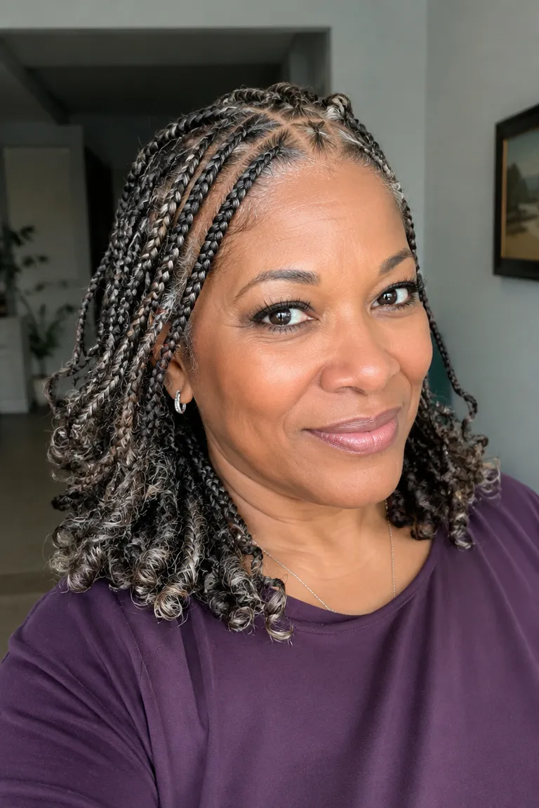 Older Black woman with triangle-part braids and a neat, lightweight finish